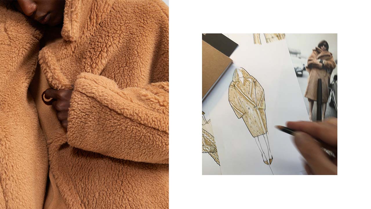 Detail shot of the Max Mara Teddy Bear icon coat in camel colour, with Teddy Bear coat creative design sketch.